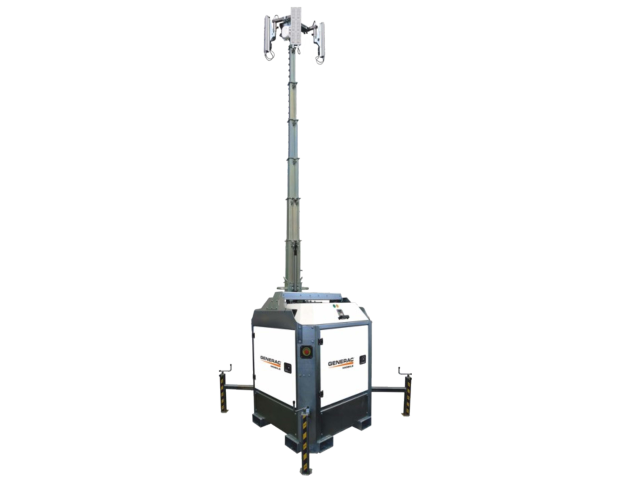 The portable light tower is powered by a Kubota Z482 two-cylinder diesel engine and equipped with four 320-watt LED lights.