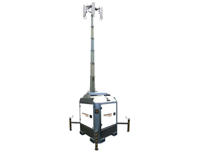 The portable light tower is powered by a Kubota Z482 two-cylinder diesel engine and equipped with four 320-watt LED lights.