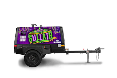 The Sullair 185 Mardi Gras-themed compressor is powered by a 49 hp Perkins 404F-E22T diesel engine.