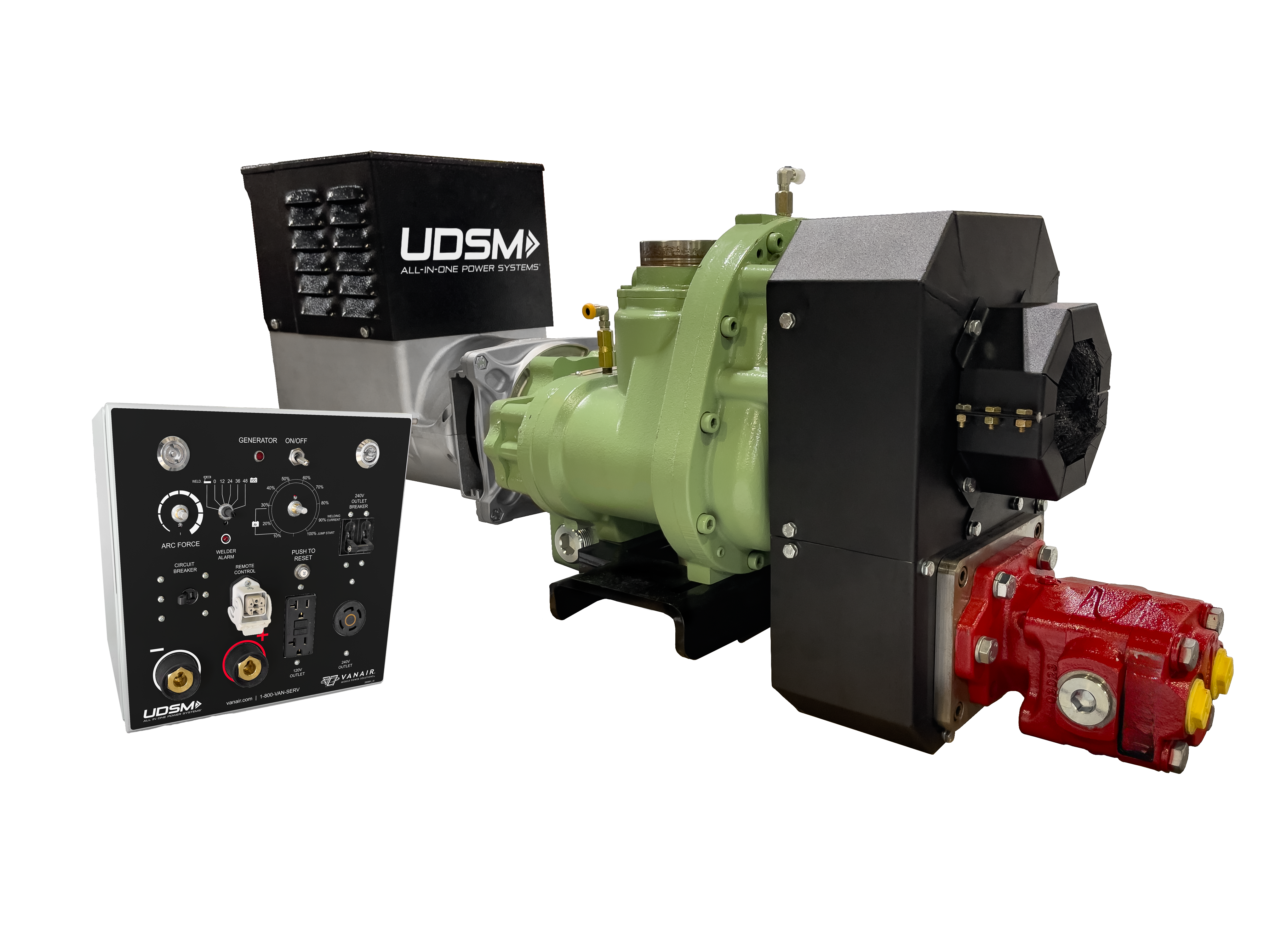 The PTO Shaft-Driven Underdeck ALL-IN-ONE Power System features a 125-185 cfm rotary screw air compressor, 10 kW generator, 330-amp welder, 12V-24V-36V battery boosting, 12V-24V-36V battery charging and up to 30 gpm @ 2,000 psi of hydraulic-driven power.
