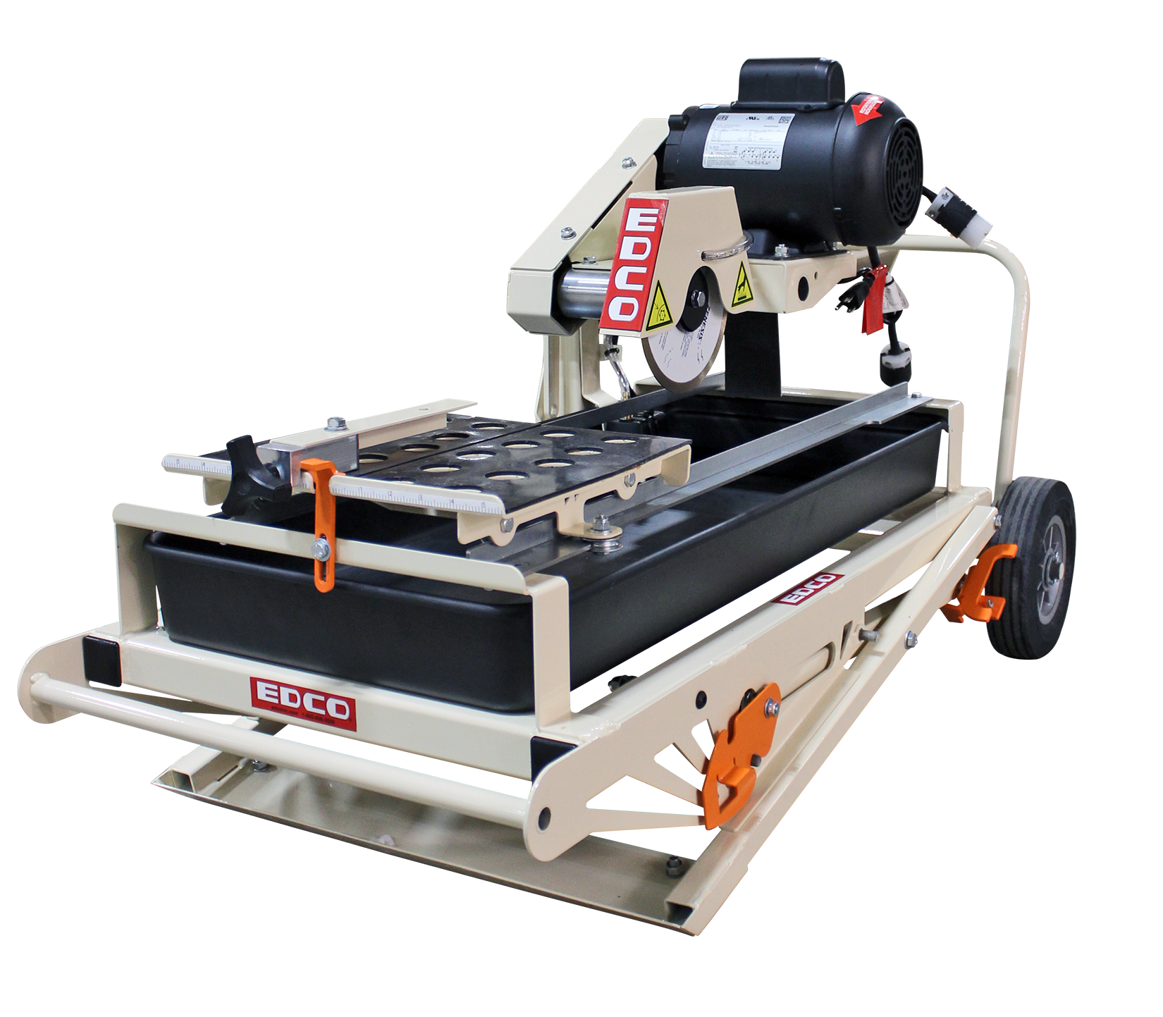 Powered by a 10-amp motor, the TMS-7 is equipped with a pump, six table wheels, galvanized steel guide rails, water fill indicator and miter guide.