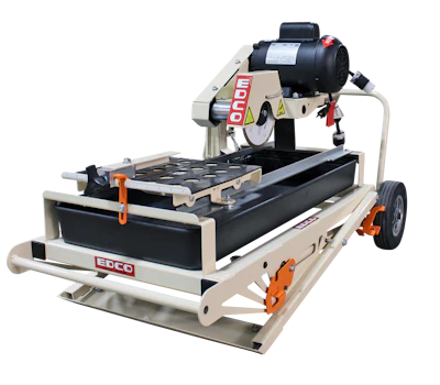 Powered by a 10-amp motor, the TMS-7 is equipped with a pump, six table wheels, galvanized steel guide rails, water fill indicator and miter guide.