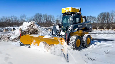 The autonomous machine is designed for mass snow clearing in large open areas such as parking lots.