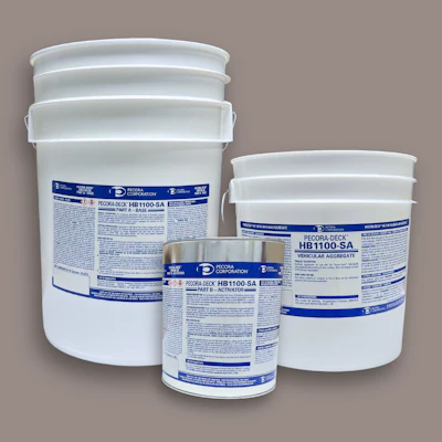 The Pecora-Deck HB1100-SA Coating is applied as a one-step traffic coating system that includes an integral aggregate and functions as both a waterproofing and traffic bearing deck coating system.