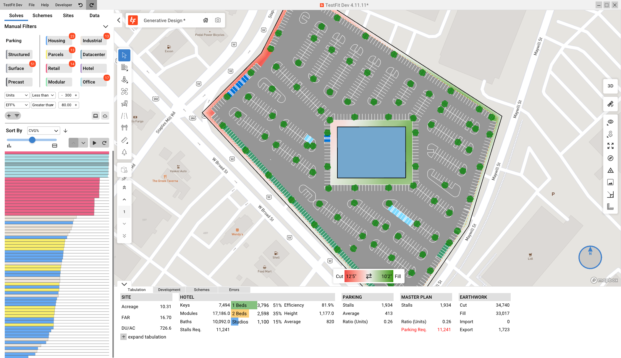 With TestFit Generative Design, users can define the targets they need with filters like floor area ratio (FAR), parking ratio and yield on cost, to find options for specific needs.