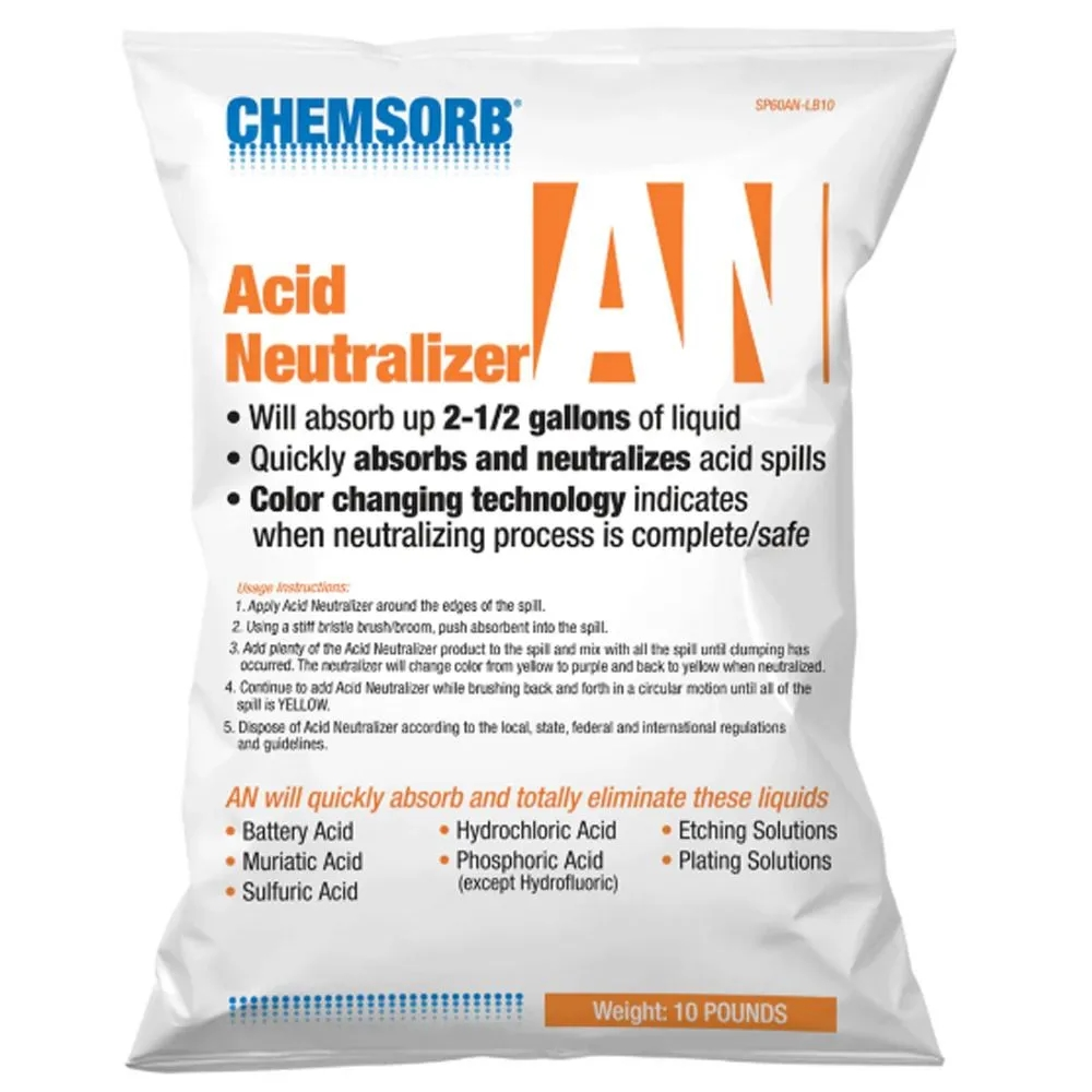 Each 10-lb. bag of Chemsorb Acid Neutralizer can neutralize and absorb up to 2.5 gal of fluid.