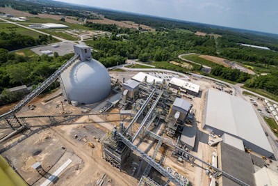 The Mitchell Cement Plant, Mitchell, Indiana, features a clinker storage dome built out of shotcrete by Dome Technology. It measures 219 ft. in diameter and 164 ft., capable of storing 169,000 metric tons.