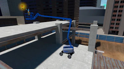 In a ghost arena, the operator is challenged to precisely position the virtual machine to match a given ghosted outline. In another scenario, a safety gauntlet challenges the trainee to navigate a virtual jobsite.