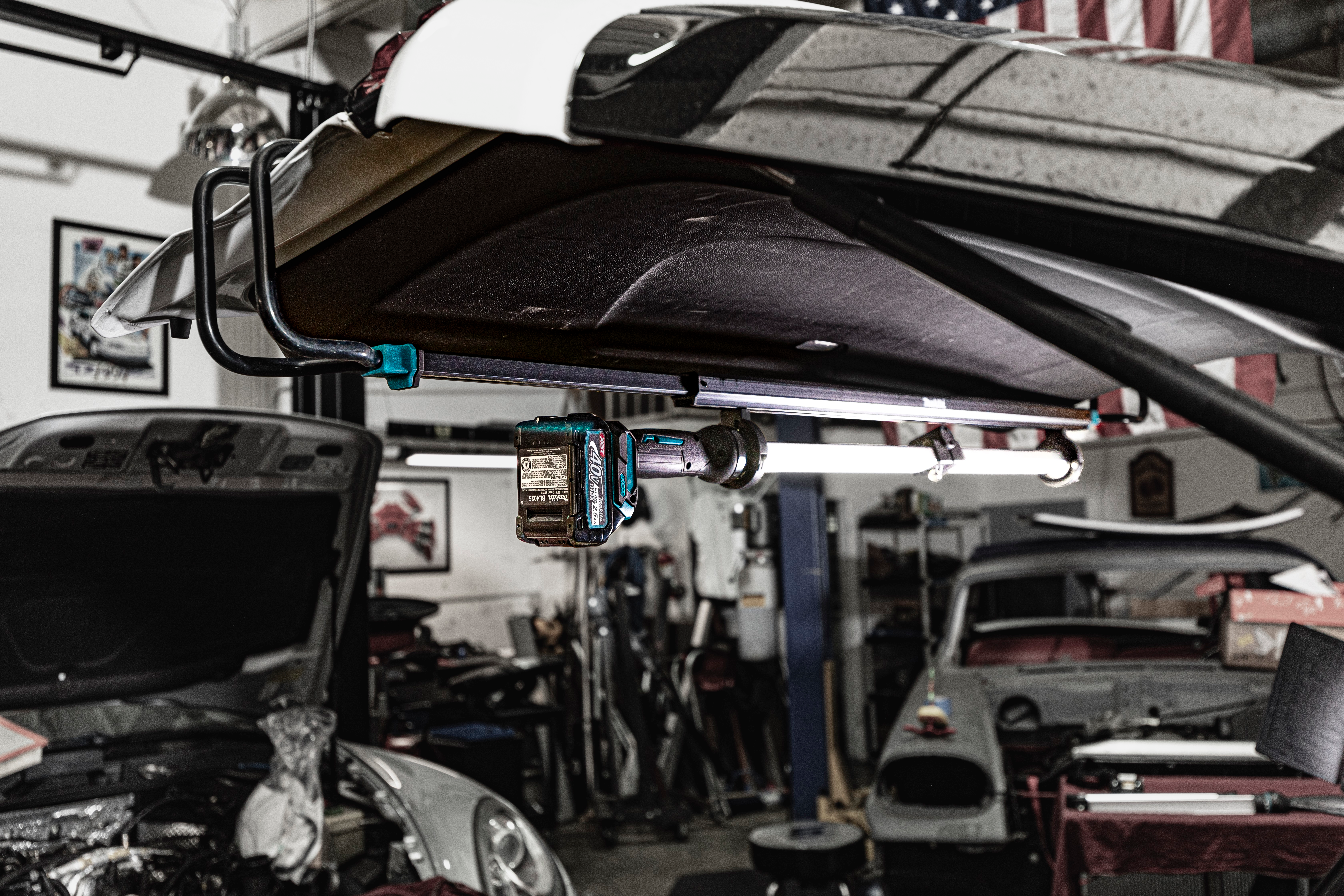 The work lights feature multiple lighting mode options, can rotate for accessibility, feature long run times and multiple hanging and positioning options.
