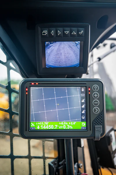 The in-cab screen displays grade info on the compact machine with grade control technology.