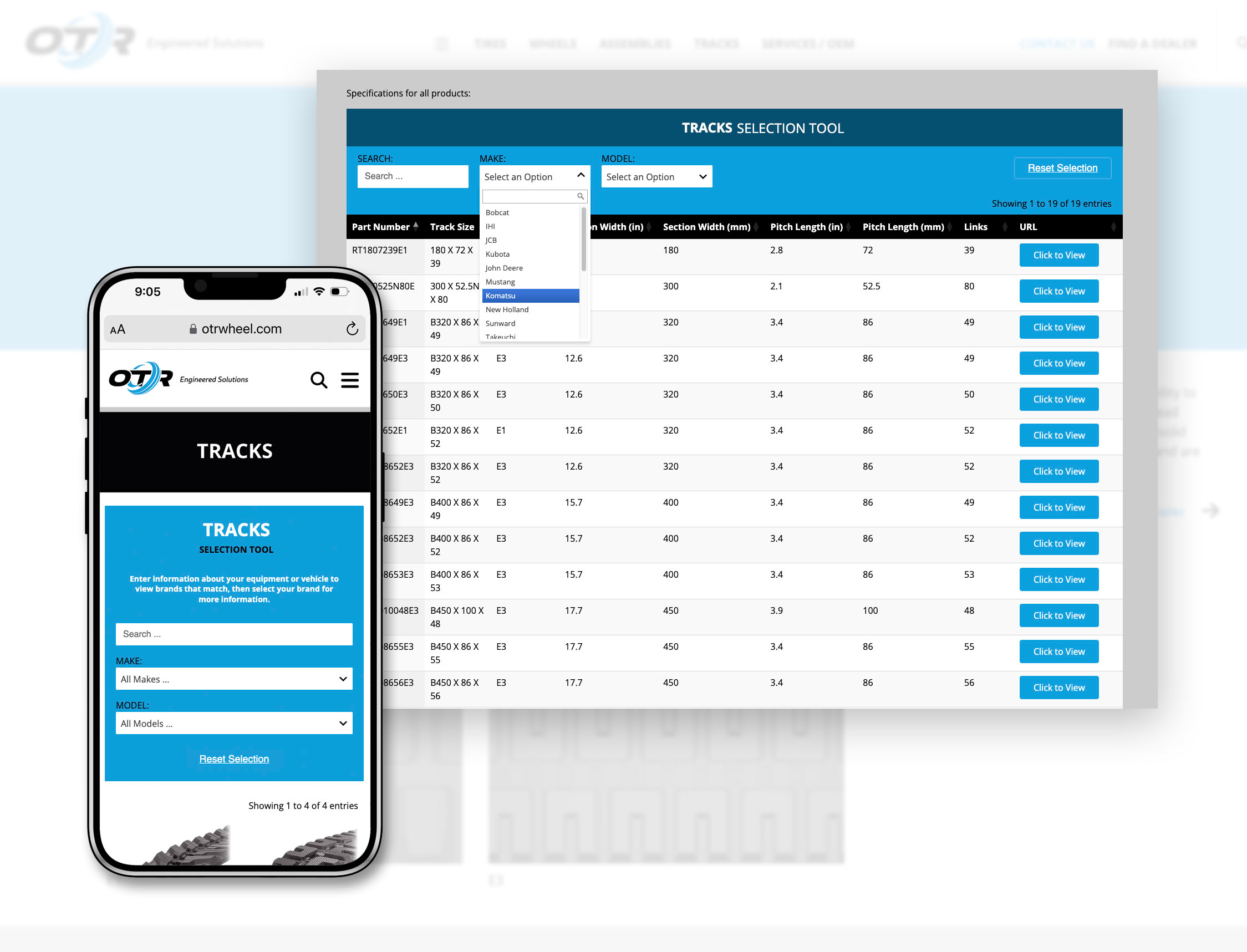 The tool guides customers through the selection process, narrowing down thousands of track options to one solution for the customer’s equipment make, model and application.
