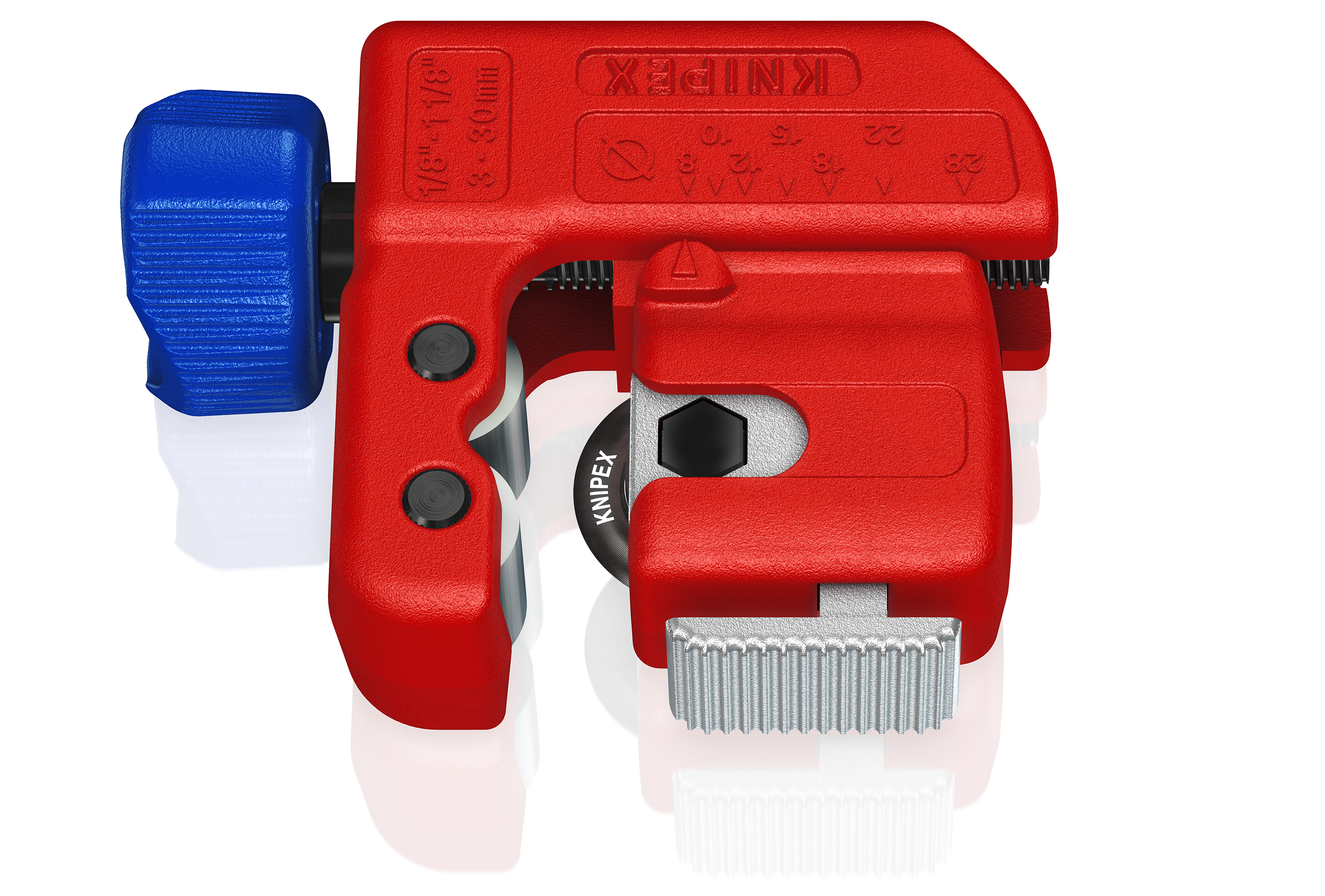 The new tri-color grip handle is comprised of three materials: a textured surface for grip and control (gray), a soft component (blue) and a high strength material for durability (red).