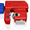 The new tri-color grip handle is comprised of three materials: a textured surface for grip and control (gray), a soft component (blue) and a high strength material for durability (red).