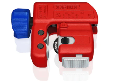 The new tri-color grip handle is comprised of three materials: a textured surface for grip and control (gray), a soft component (blue) and a high strength material for durability (red).