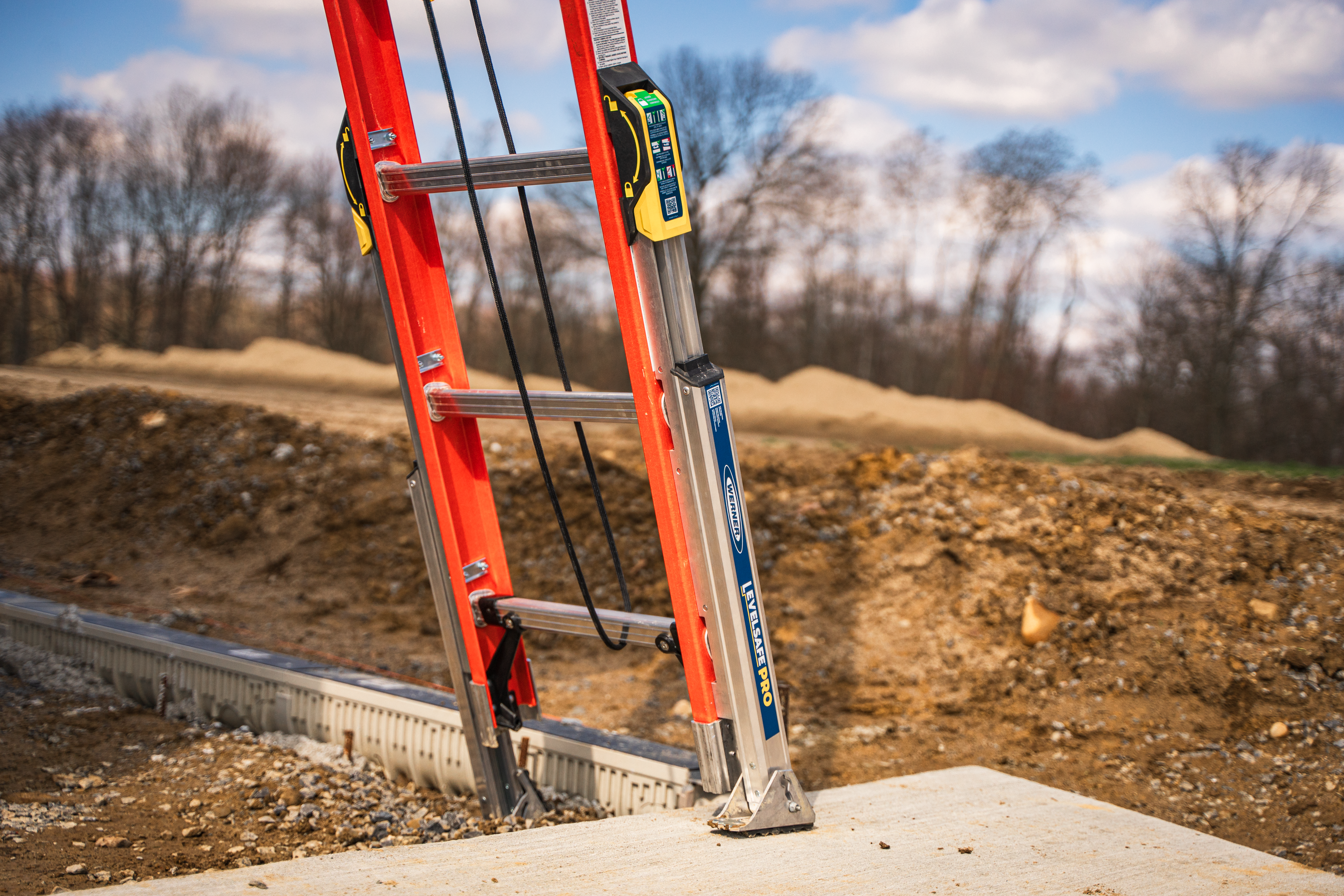 The LevelSafe Pro automatically adjusts the ladder to a level position upon placement.