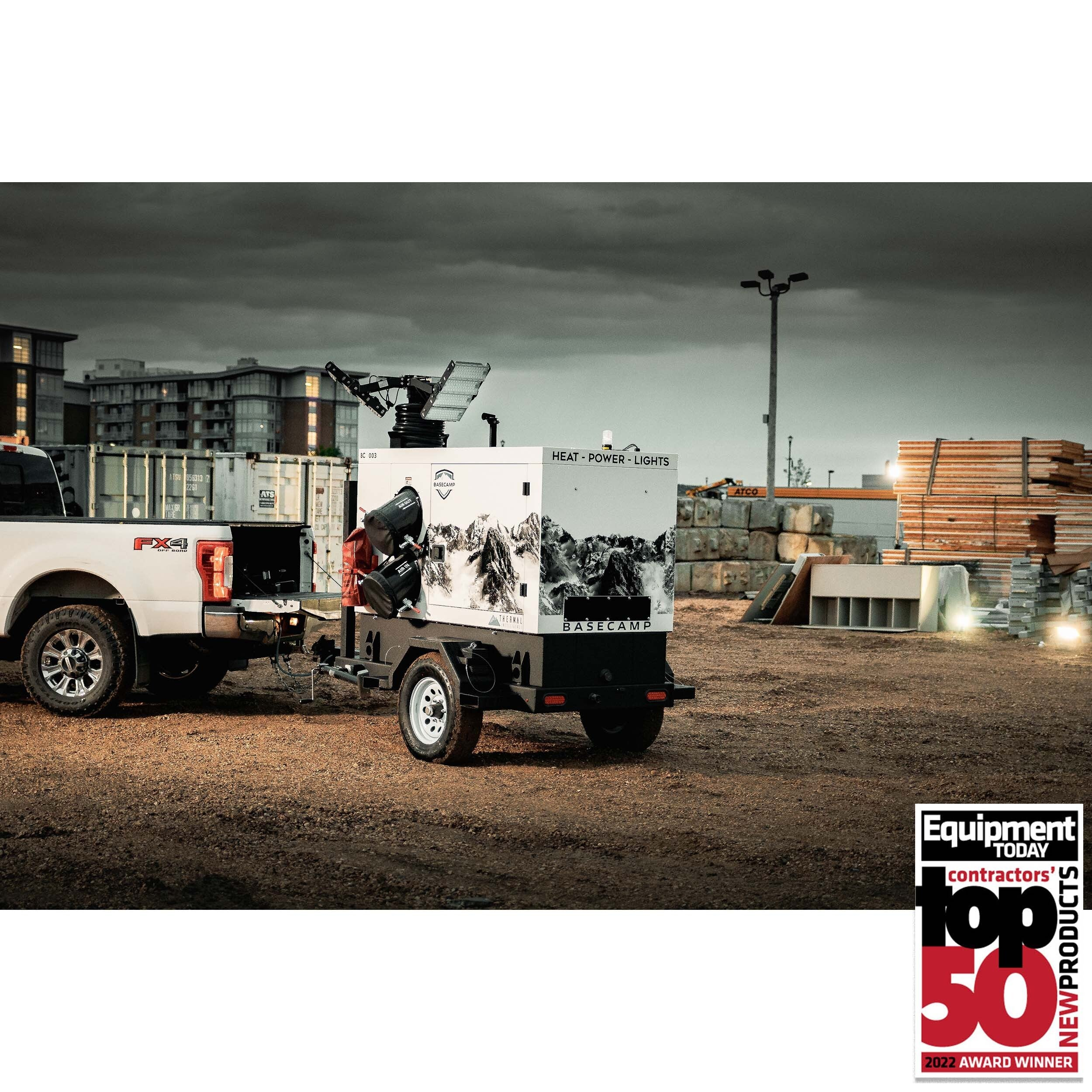 The BASECAMP green-certified Heater, Light Tower and Generator delivers efficiency as a flameless heater, provides a 360-degree LED lighting package and 27 kW of available power.