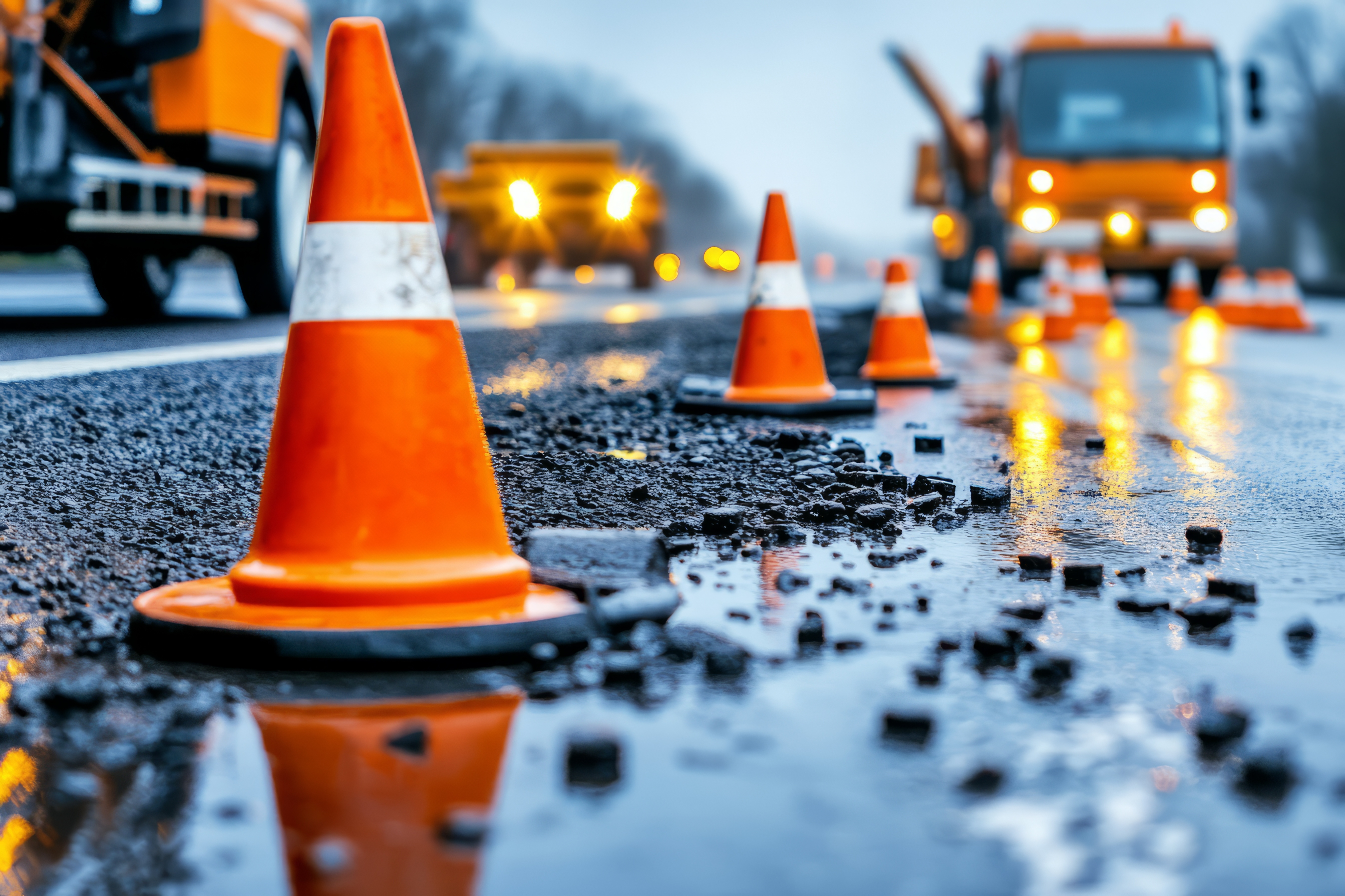 Orange safety cones on wet road with construction vehicles during roadwork