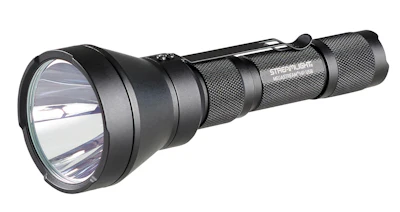 Streamlight tactical flashlight with large reflective lens and textured black metal body