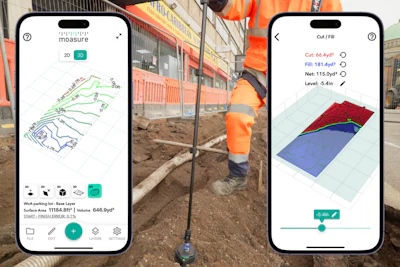 Construction site digital measurement app with 3D terrain mapping and earthwork volume calculations