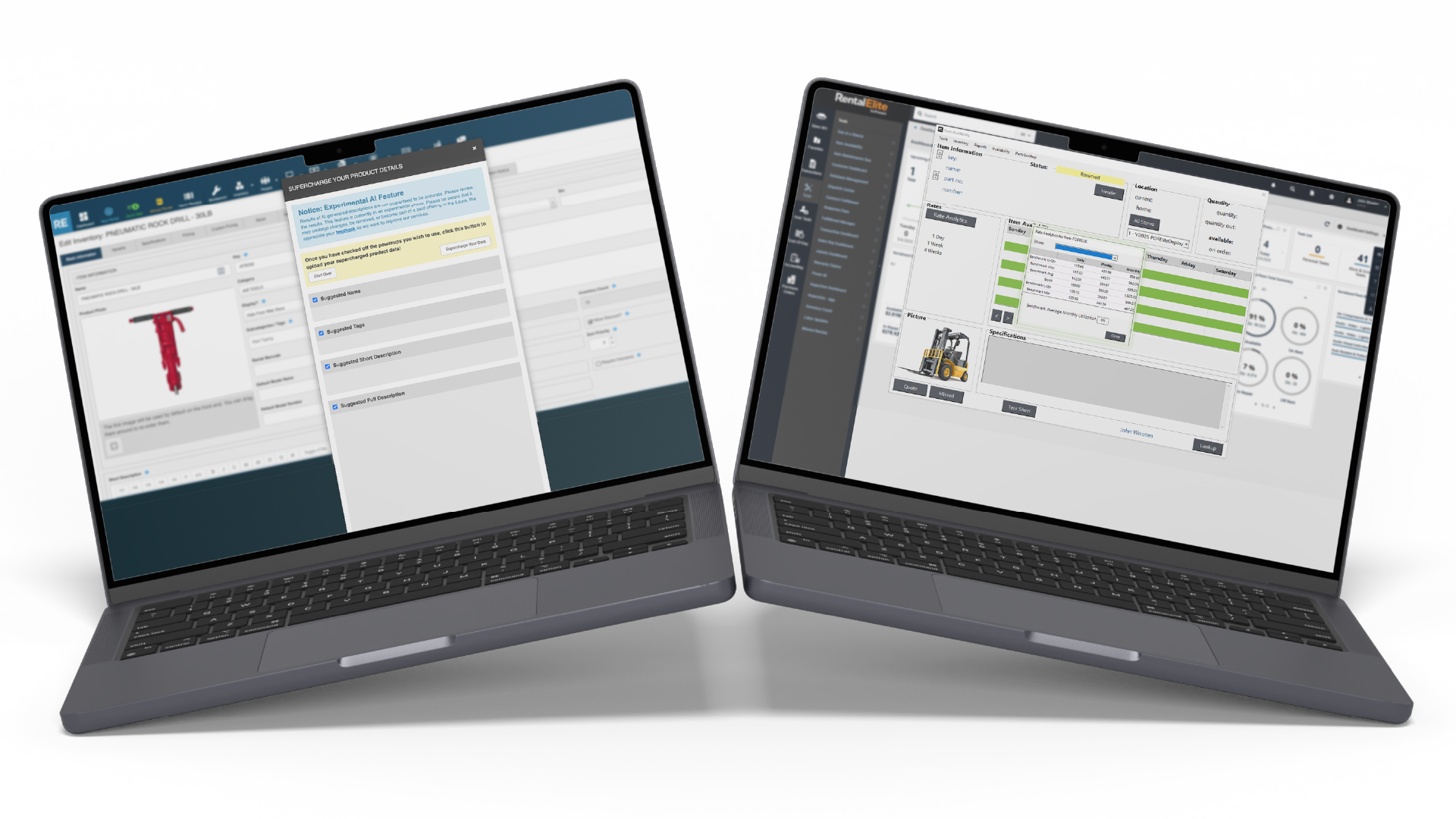Enterprise software dashboard on dual laptop screens with product configuration and inventory management