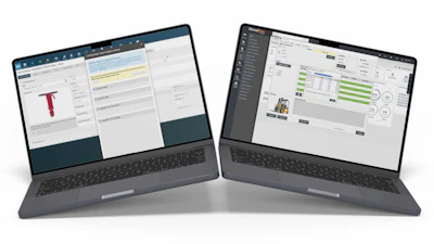 Enterprise software dashboard on dual laptop screens with product configuration and inventory management