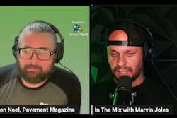 Two podcast hosts in headphones during a livestreamed interview