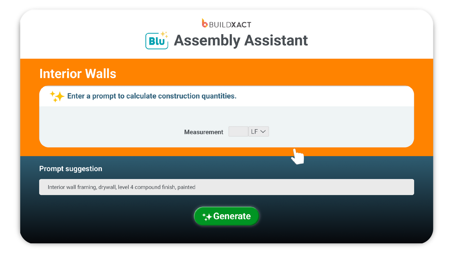BuildXact Assembly Assistant web interface for construction quantity calculations