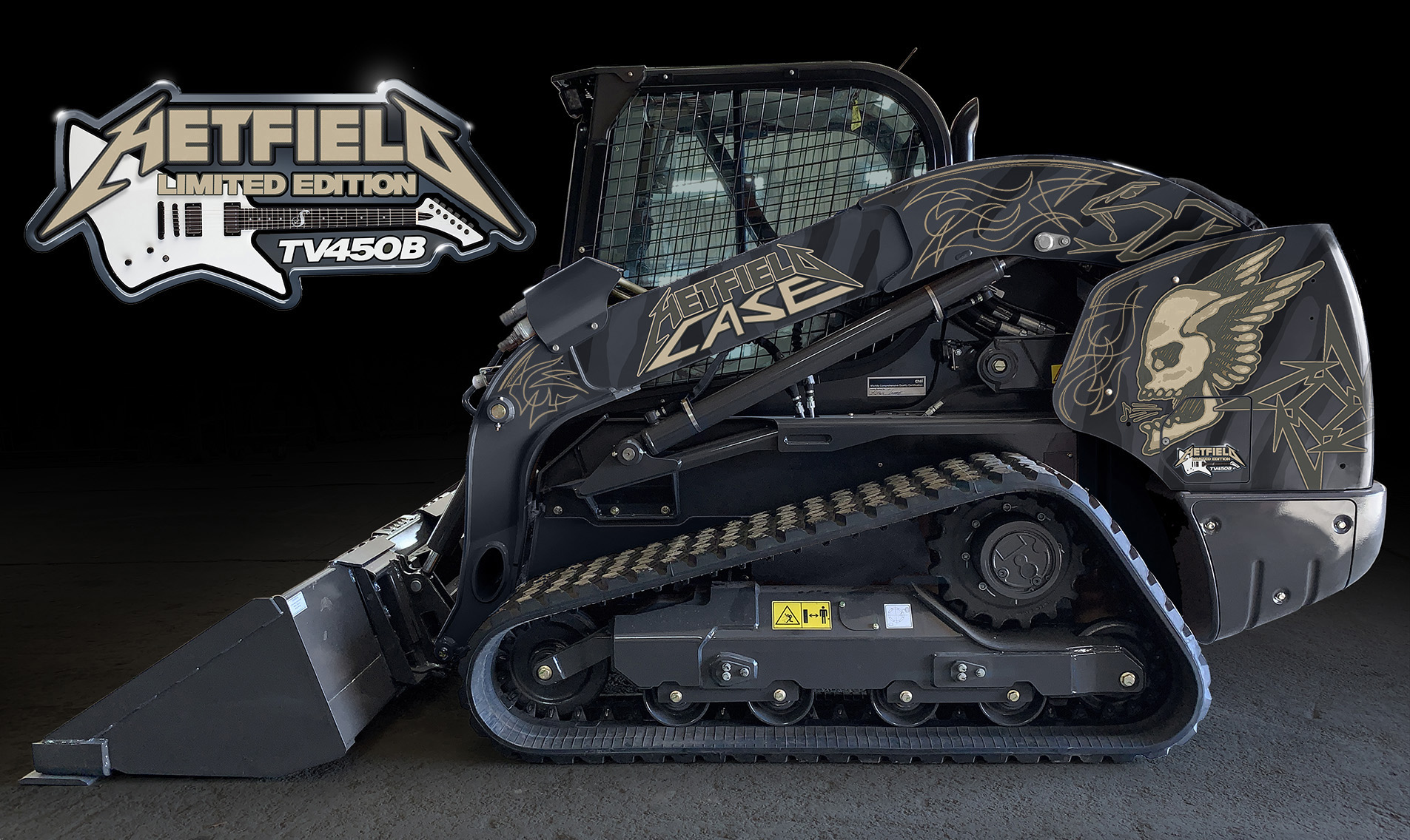 Black tracked skid steer loader with Metallica-themed custom graphics and design
