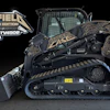 Black tracked skid steer loader with Metallica-themed custom graphics and design