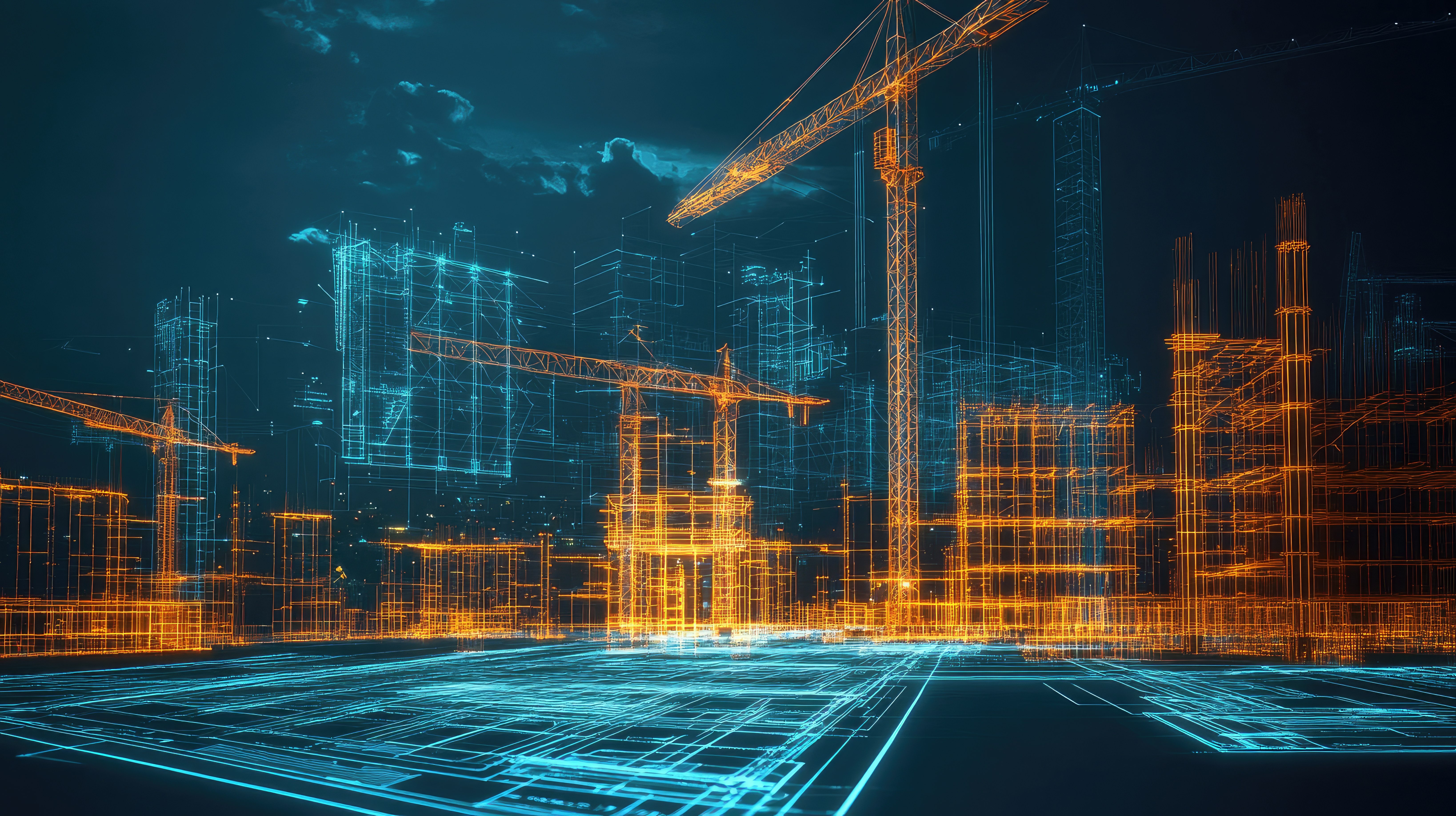 Futuristic digital blueprint of urban construction site with wireframe buildings and glowing cranes
