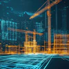 Futuristic digital blueprint of urban construction site with wireframe buildings and glowing cranes