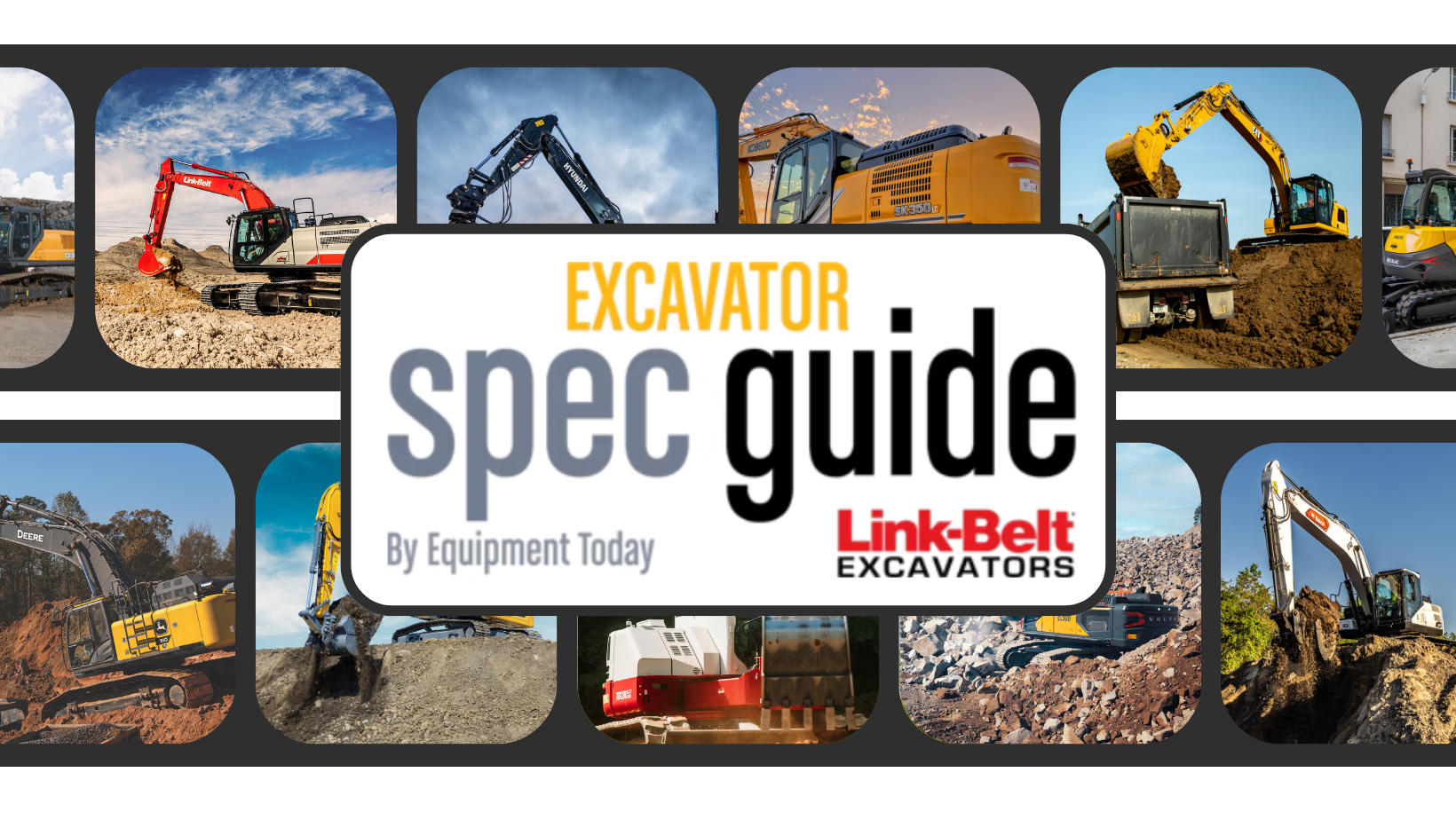 Excavator Spec Guide collage featuring multiple construction machines and Link-Belt logo