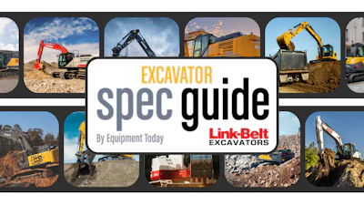 Excavator Spec Guide collage featuring multiple construction machines and Link-Belt logo