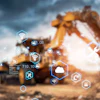 Yellow excavator on construction site with digital technology icons and data visualization