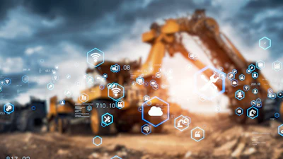 Yellow excavator on construction site with digital technology icons and data visualization