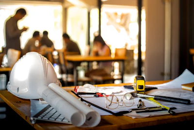 Engineering workspace with white hard hat, blueprints, and tools on wooden desk