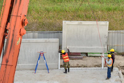 Construction workers in safety gear installing concrete panels at a work site