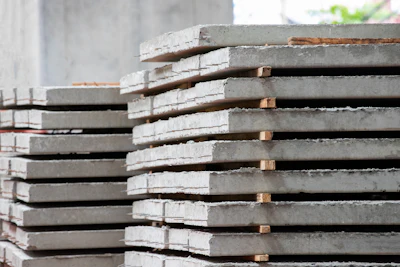 Stacked concrete construction panels with wooden spacers in industrial setting