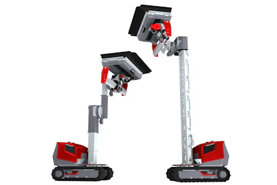 Red and gray robotic crawler with telescoping vertical lifting mechanism