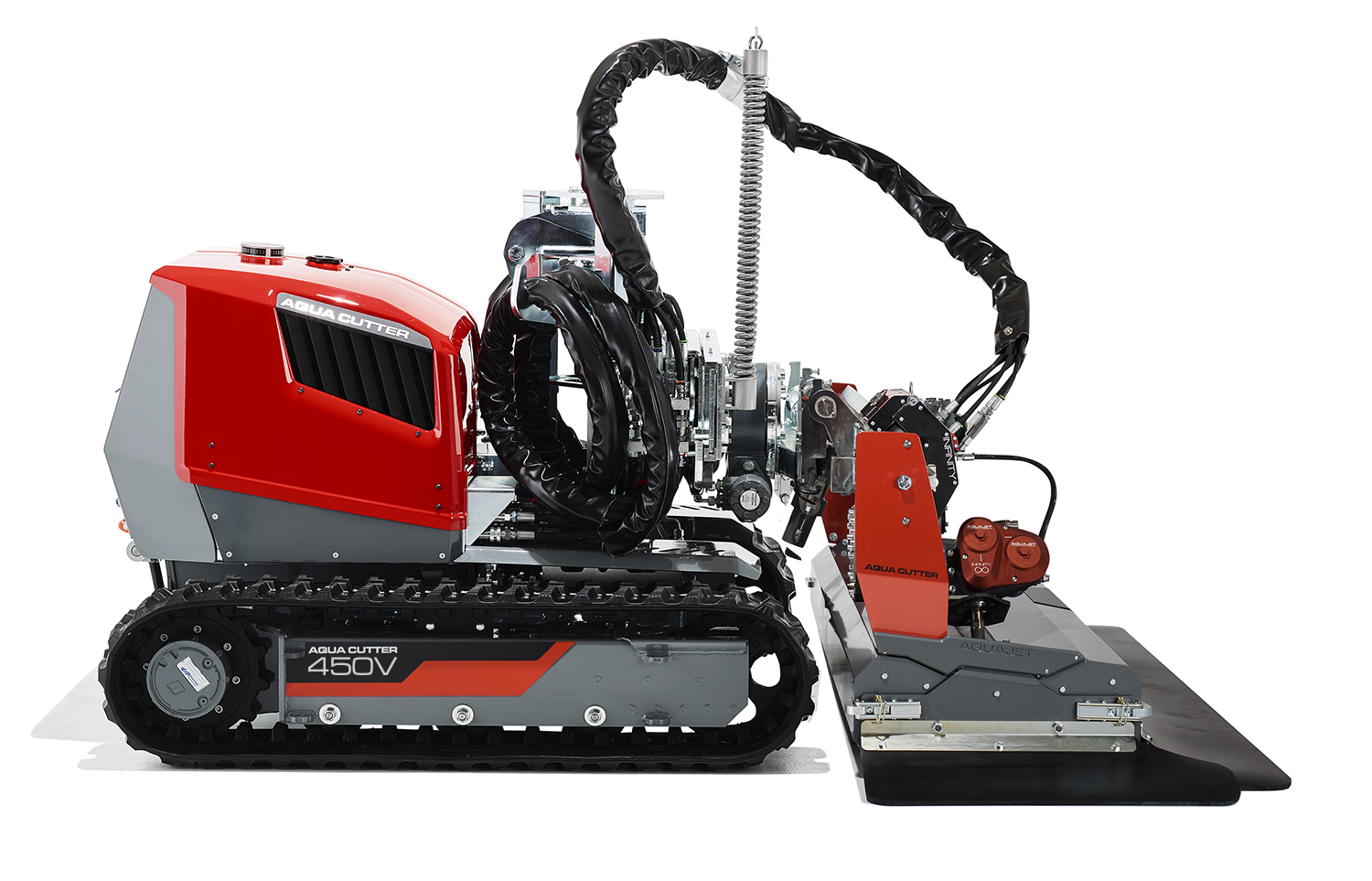 Red and gray tracked robotic machine with articulated mechanical arm