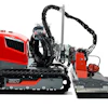 Red and gray tracked robotic machine with articulated mechanical arm