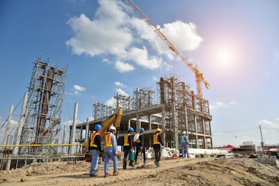 Construction workers in safety gear observing building progress with steel framework and crane against blue sky