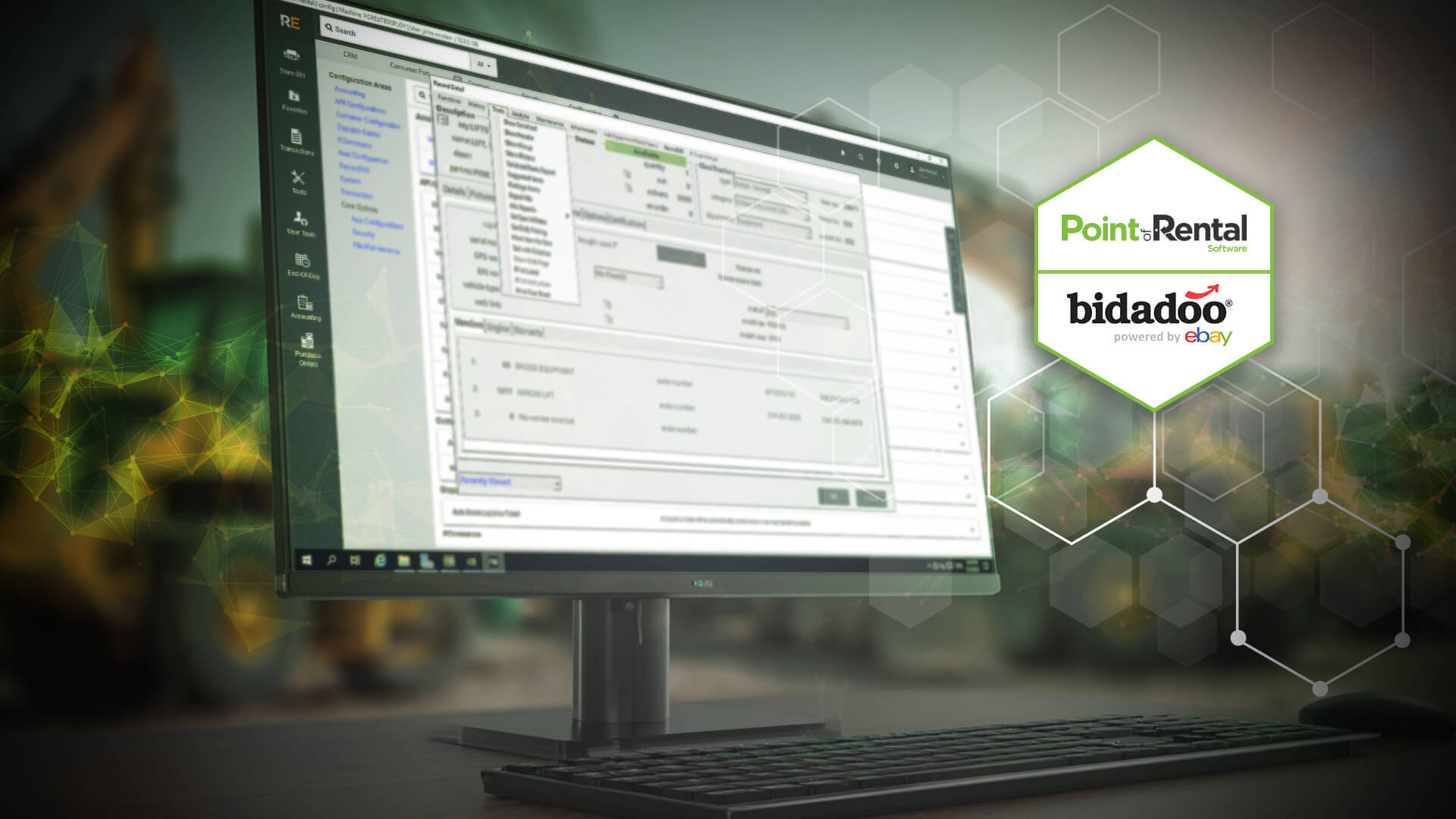 Point Rental and Bidadoo software interface on computer monitor with hexagonal graphic overlay