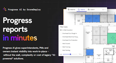 Progress AI dashboard showing construction site floor plan with progress tracking filters