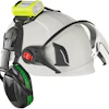 Safety helmet with integrated yellow headlamp and green ear protection