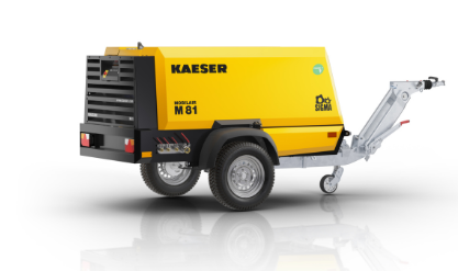 Yellow Kaeser M51 mobile air compressor with towbar on white background