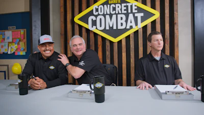 Concrete Combat team members seated at desk with company logo backdrop