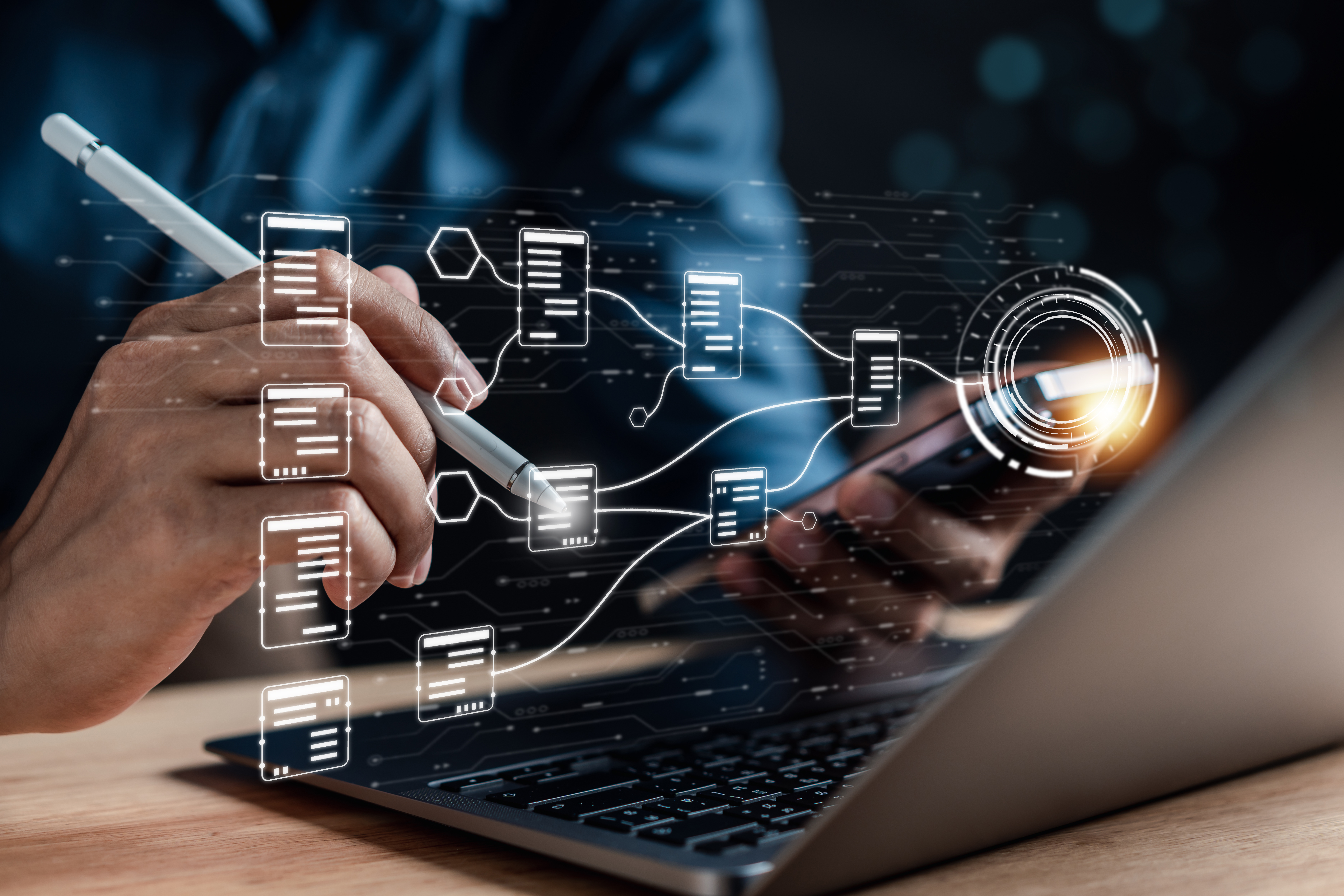 Digital visualization of data connections and workflow on laptop screen