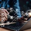 Digital visualization of data connections and workflow on laptop screen
