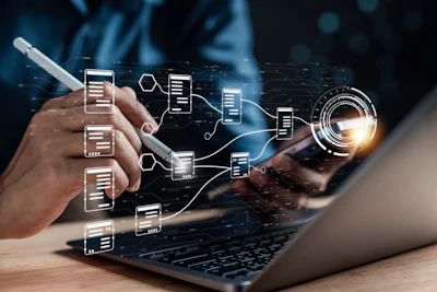 Digital visualization of data connections and workflow on laptop screen